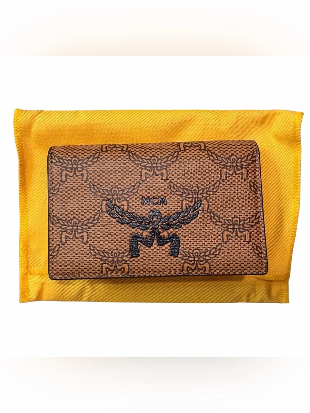 Brand New MCM Cognac and Black Visetos Logo Card Wallet